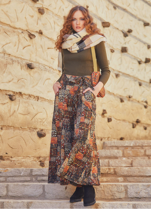 Khaki Printed Pockets Detailed Button-Up Wide Leg Pants